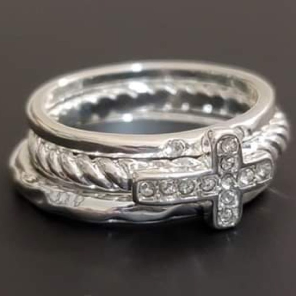 3 Stackable Avon Silver Cross Women's Ring Prayer